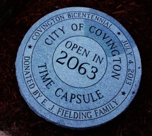Bicentennial Time Capsule Plaque donated by E.J. Fielding Family. photo c Covington Weekly