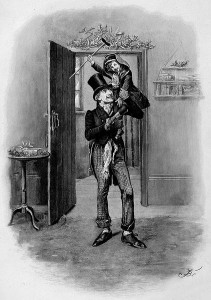 Bob Cratchit and Tiny Tim Cratchit from Charles Dicken's "The Christmas Carol," as depicted in the 1870s by Fred Barnard