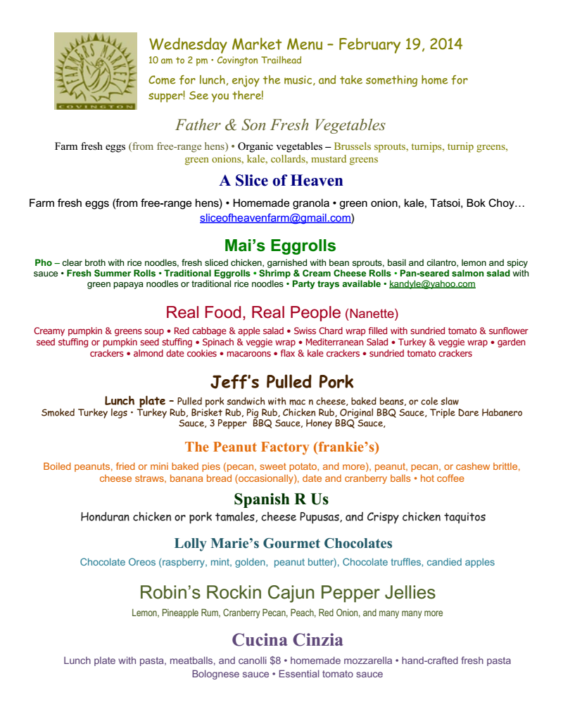 Wednesday Market Menu 2-19-14