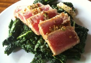 seared tuna steaks over kale salad