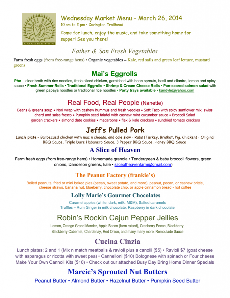 Wednesday Covington Farmers Market Menu 3-26-14