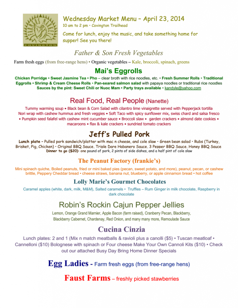 Wednesday Covington Farmers Market Menu 4-23-14