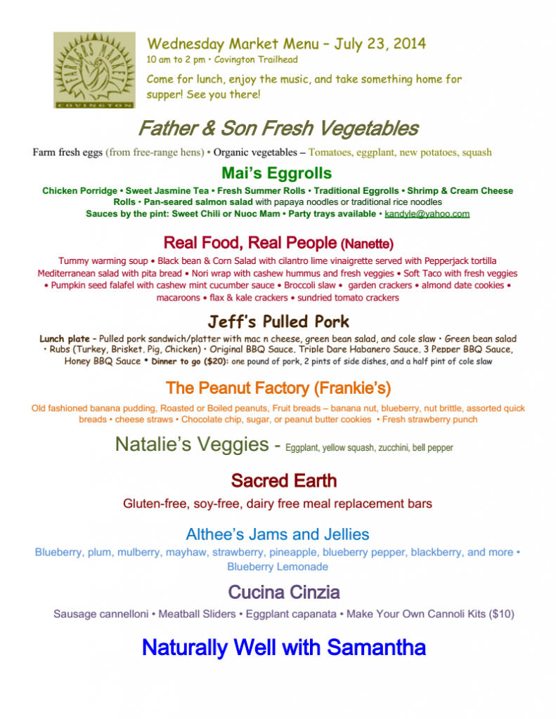 Wednesday Market Menu 7-23-14