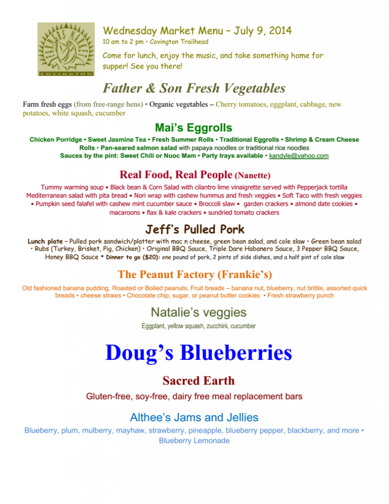 Wednesday Market Menu 7-9-14