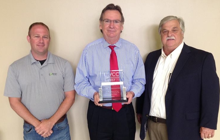Pictured from left are Casey Blades from LWCC, Mayor Mike Cooper, and Jim McLachlan of Erwin Insurance
