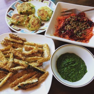 Samosa potato patties with cilantro chutney, beet carrot and seed salad with ginger dressing and zucchini fries from Slice of Heaven Farm