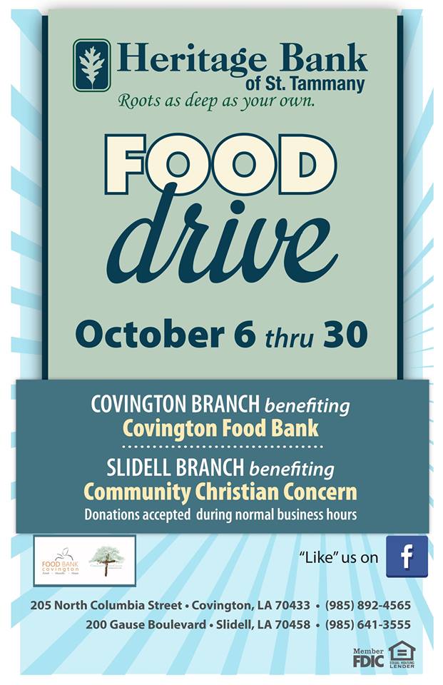 Heritage Bank Hosts a Food Drive For Covington Food Bank Through October